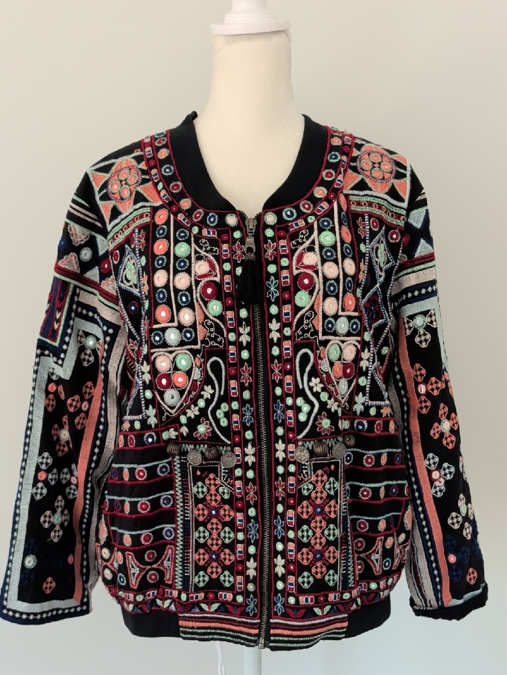 Anthropologie RAGA Black Bomber Jacket with Multicolor Embroidery
